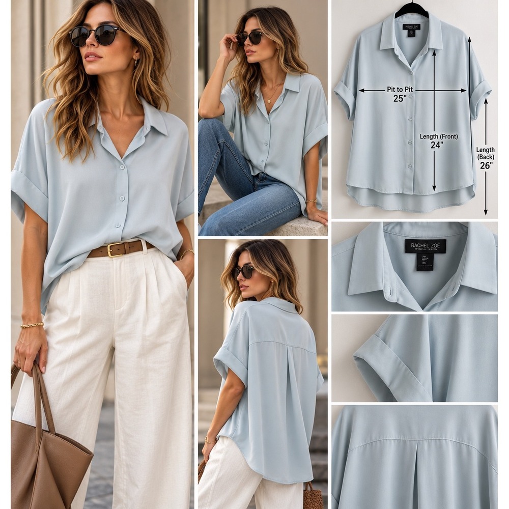 Quiet Luxury Oversized Blue Button Down Blouse Rachel Zoe L Coastal Minimalist